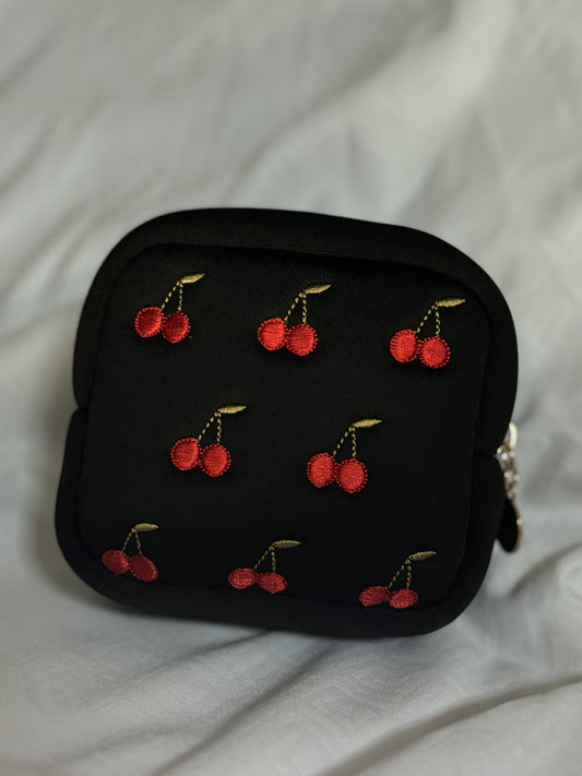 Cherry Embroidered Cosmetic bag (Black)🍒