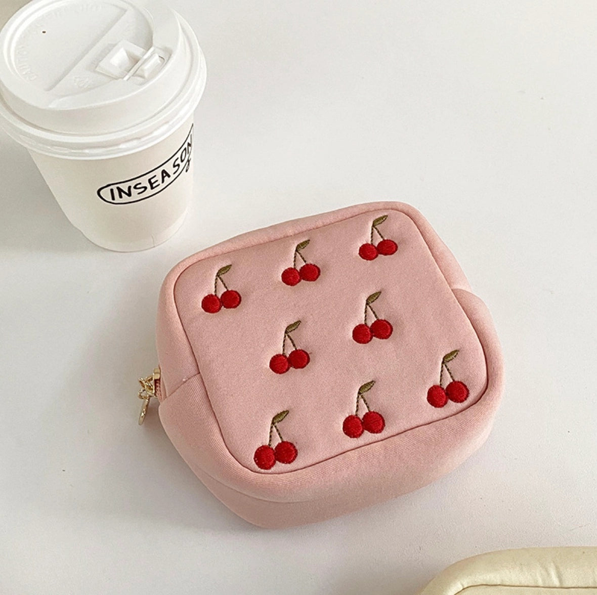 Cherry Embroidered Cosmetic bag (Light pink)🍒